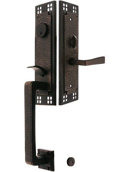 Craftsman Style F20 Function Mortise Handleset in Oil Rubbed Bronze with Left Hand Hammered Lever, and Stop/Release Buttons.